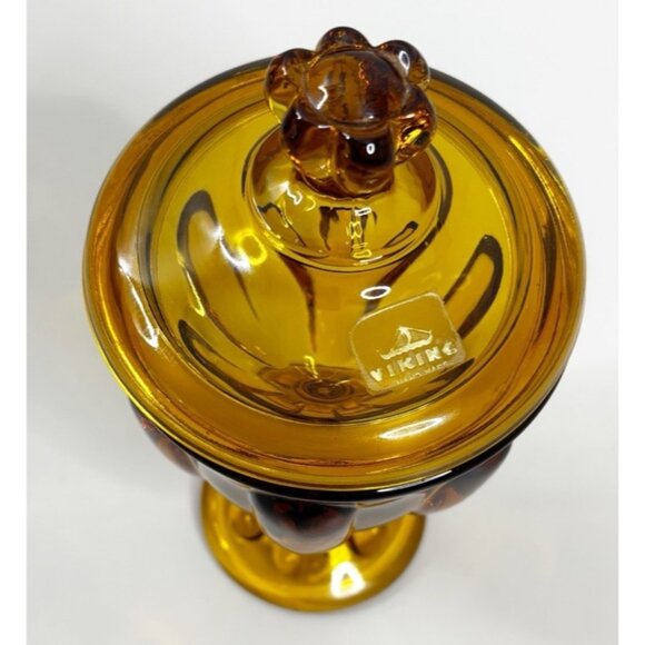 VTG Viking Art Glass MCM Six Petal Amber Covered Candy Dish w/Lid Approx 8" EUC - Picture 2 of 8
